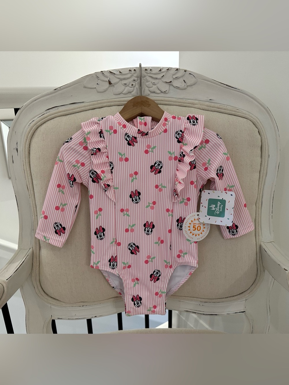 🤍 6~12 Mth Disney Minnie Mouse Pink Ruffle Long-Sleeve One-Piece Swimsuit NWT